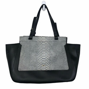 H by Halston Black Gray Smooth Leather Satchel with Snake Embossed Flap